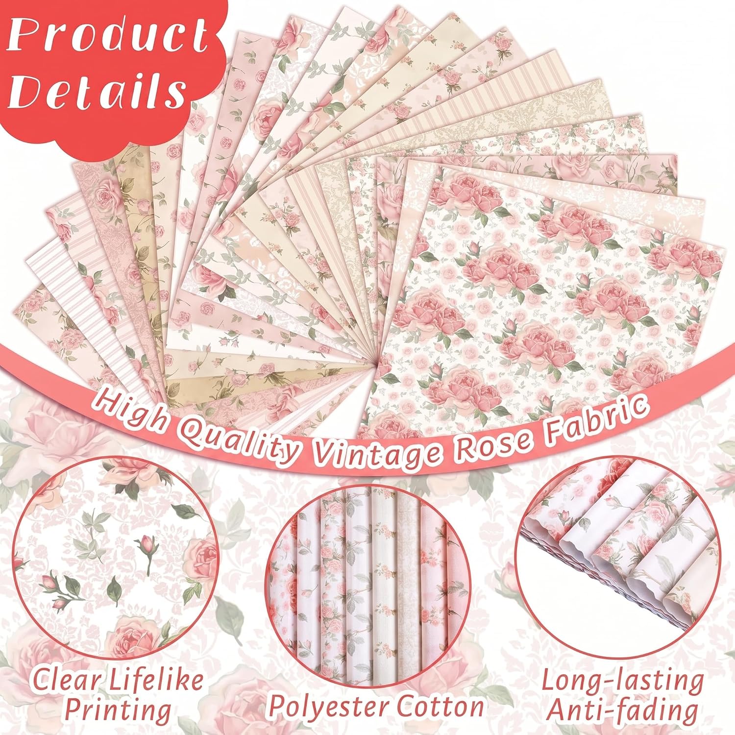 HunnmingRe 20 Pcs 10''x10'' Vintage Pink Roses Quilting Fabric Squares