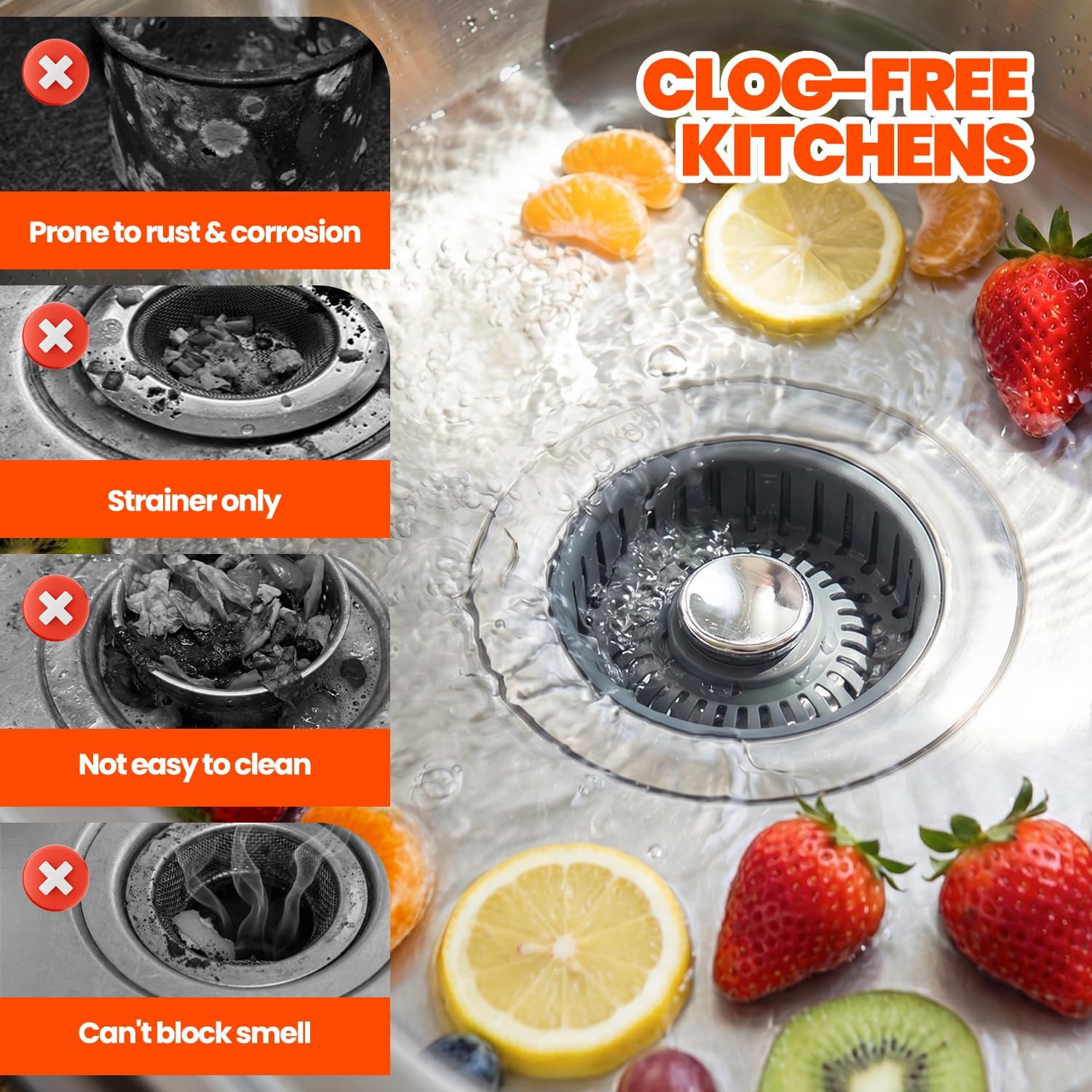 3 in 1 Kitchen Sink Drain Strainer Stopper Basket Pop Up Silver