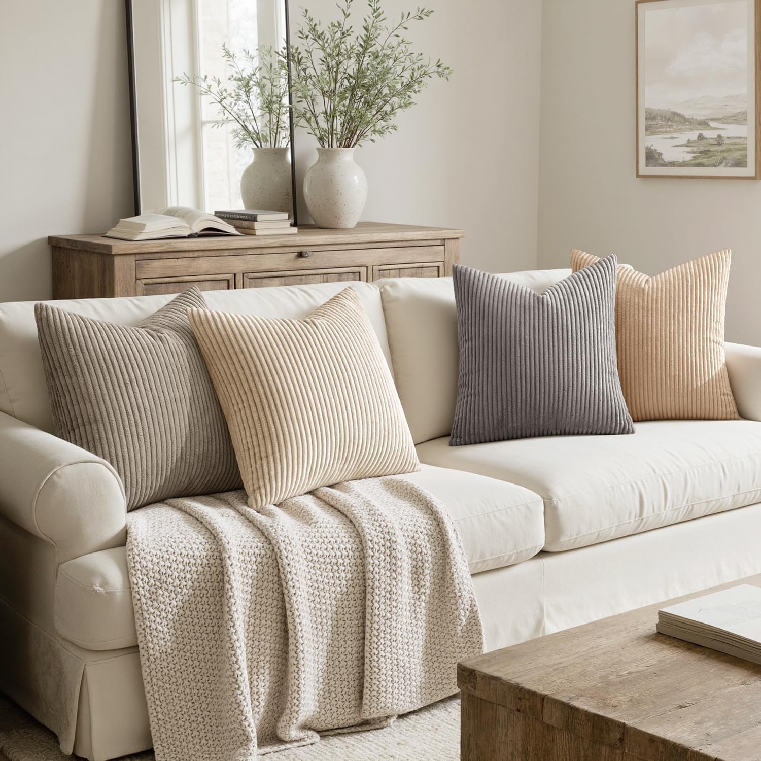 MIULEE Soft Corduroy Decorative Throw Pillow Covers Neutral Cream 18x18
