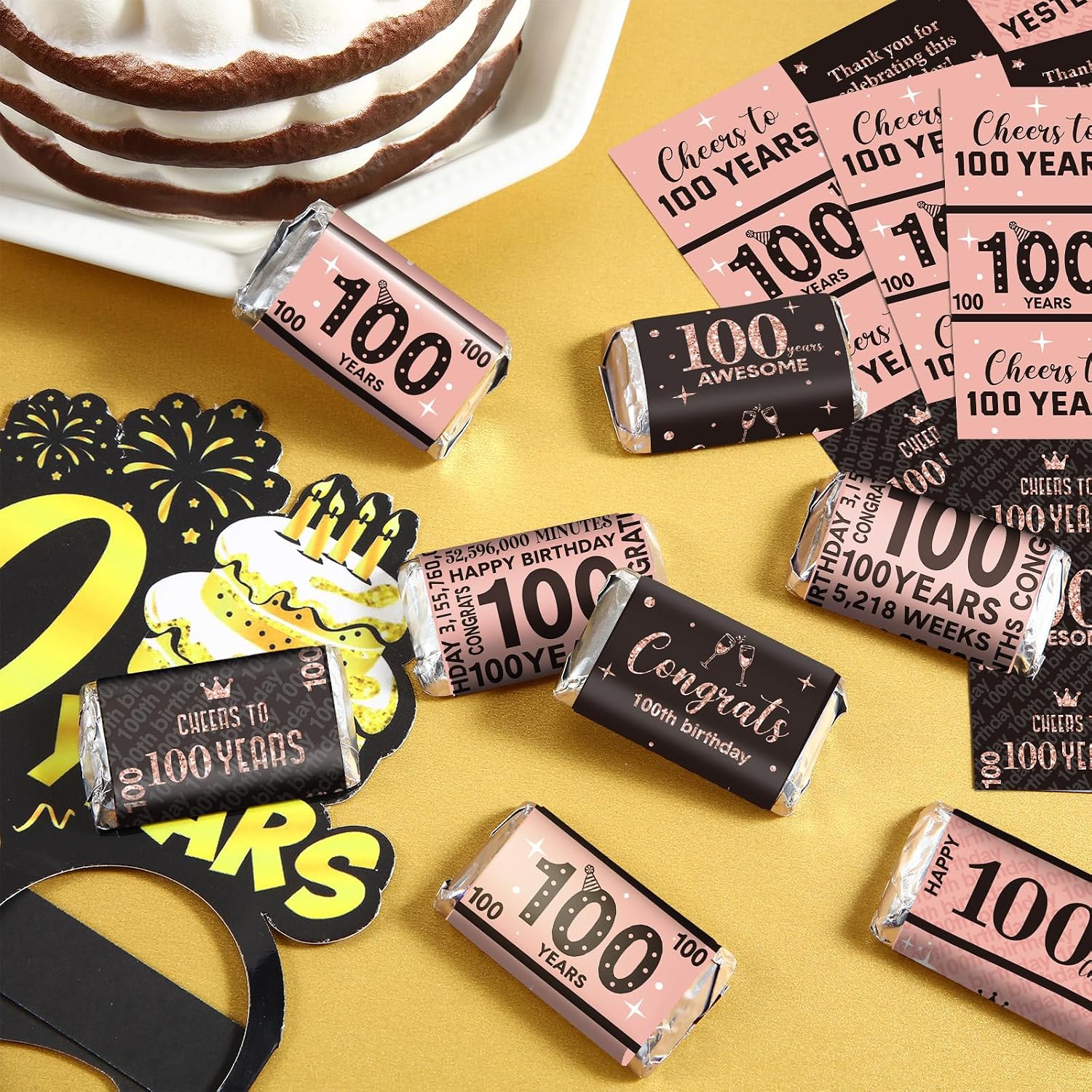 Tenare 90 Pcs 100th Birthday Candy Wrappers, Pink Stickers
