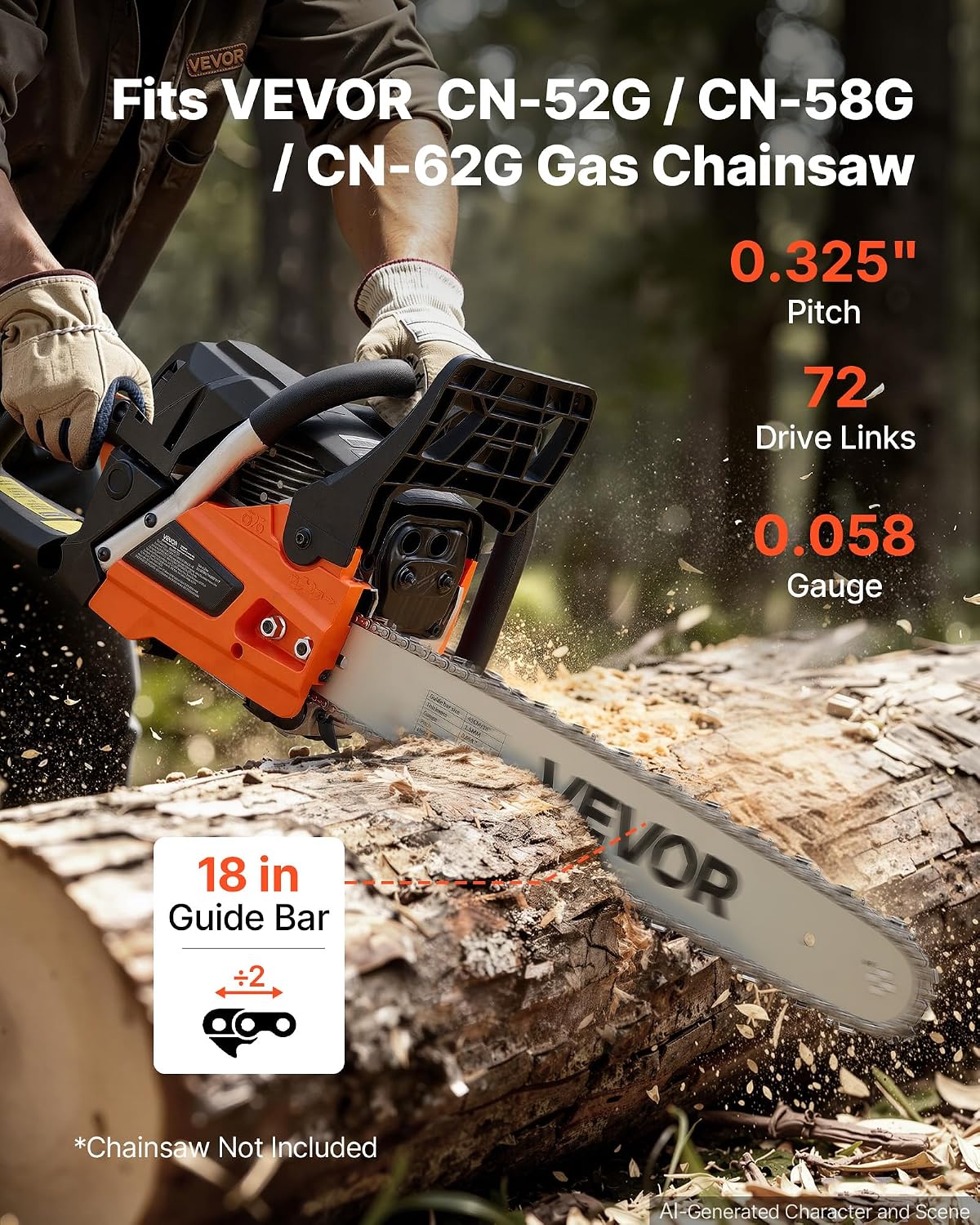 VEVOR Bar & Chainsaw Chain Combo 18" .325" Pitch .058" Gauge 72 Drive Links