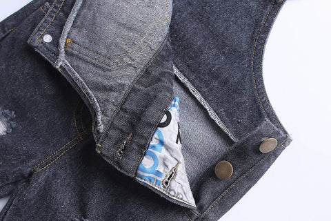 KIDSCOOL Toddler Baby Denim Overalls Ripped Holes Jean Bib Romper Jumpsuit