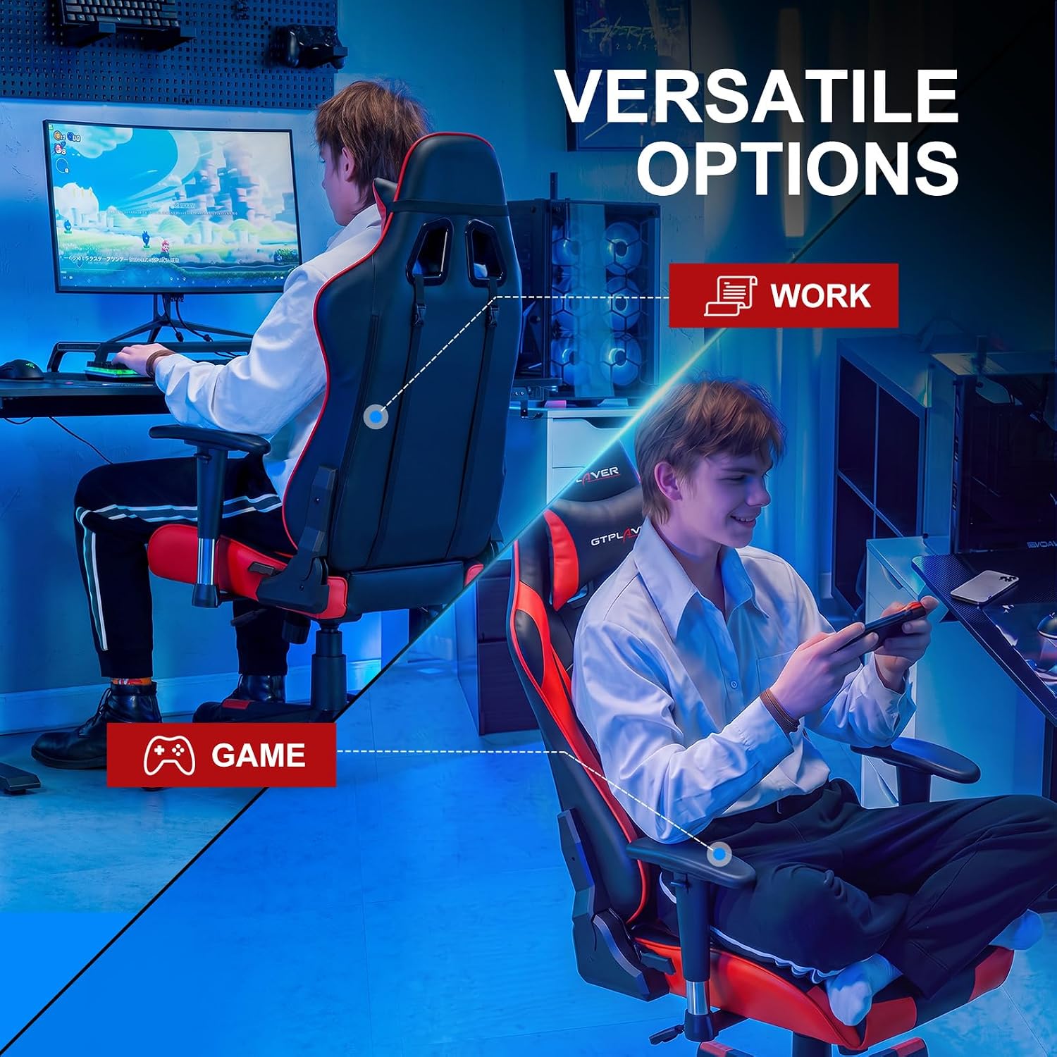 GTPLAYER Gaming Chair with Footrest, Ergonomic Computer Game Desk Chair, Reclining Chair Seat Height Adjustment, Swivel Rocker with Headrest and Lumbar (Red)