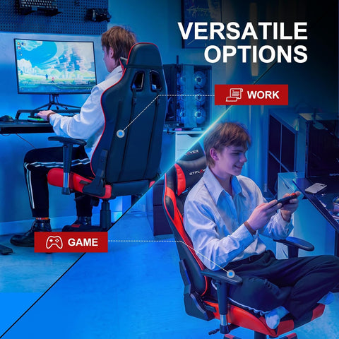 GTPLAYER Gaming Chair with Footrest, Ergonomic Computer Game Desk Chair, Reclining Chair Seat Height Adjustment, Swivel Rocker with Headrest and Lumbar (Red)