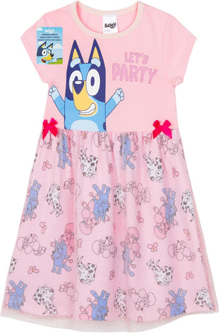 Bluey Girls Dresses for Kids Cute Toddler Dress with Tulle Mesh Short Sleeved for Party Summer or as a Birthday Outfit