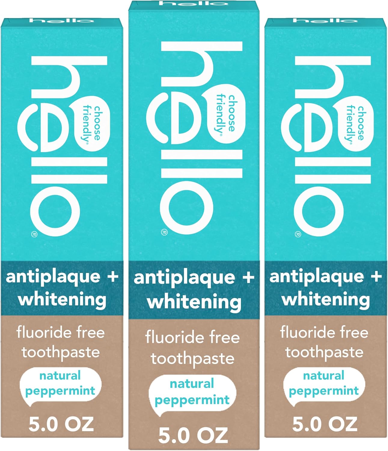 Hello Antiplaque and Whitening Fluoride Free Toothpaste, 5 Oz Tube, Whitening Toothpaste with Natural Peppermint Flavor and Tea Tree Oil, Crushes Tartar and Helps Remove Surface Stains, 3 Pack