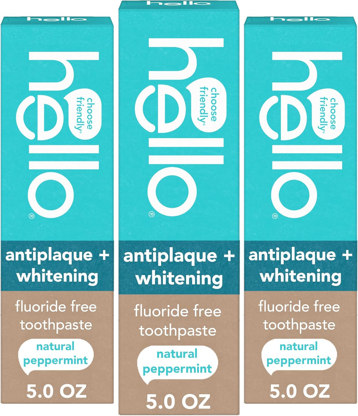 Hello Antiplaque and Whitening Fluoride Free Toothpaste, 5 Oz Tube, Whitening Toothpaste with Natural Peppermint Flavor and Tea Tree Oil, Crushes Tartar and Helps Remove Surface Stains, 3 Pack