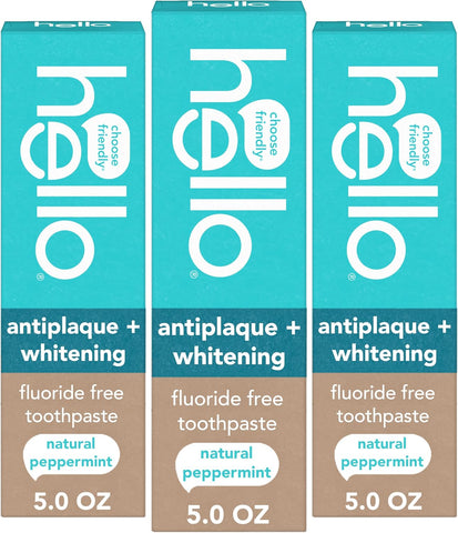 Hello Antiplaque and Whitening Fluoride Free Toothpaste, 5 Oz Tube, Whitening Toothpaste with Natural Peppermint Flavor and Tea Tree Oil, Crushes Tartar and Helps Remove Surface Stains, 3 Pack