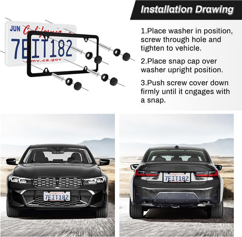 Alpmosn 2PCS Stainless Steel License Plate Frames, 4 Holes Car Licence Plate Covers with Screws Washers and Caps, Car Exterior Accessories, License Plate Holder for US Vehicles (Black)