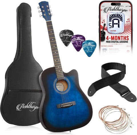 Ashthorpe 41-inch Beginner Cutaway Acoustic Guitar (Blue), Full Size Basic Starter Kit w/Gig Bag, Strings, Strap, Picks, and Lessons