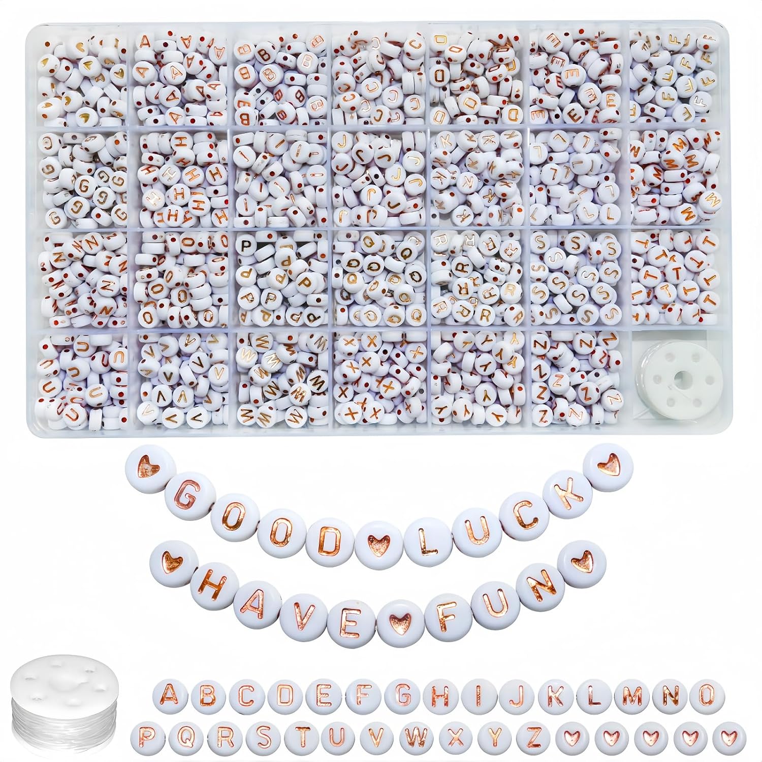 Looconi 1400pcs Rose Gold Letter Beads 4x7mm White Round Acrylic Alphabet A-Z Heart Pattern Beads and Crystal Line for Jewelry Making Bracelets Necklaces Key Chains