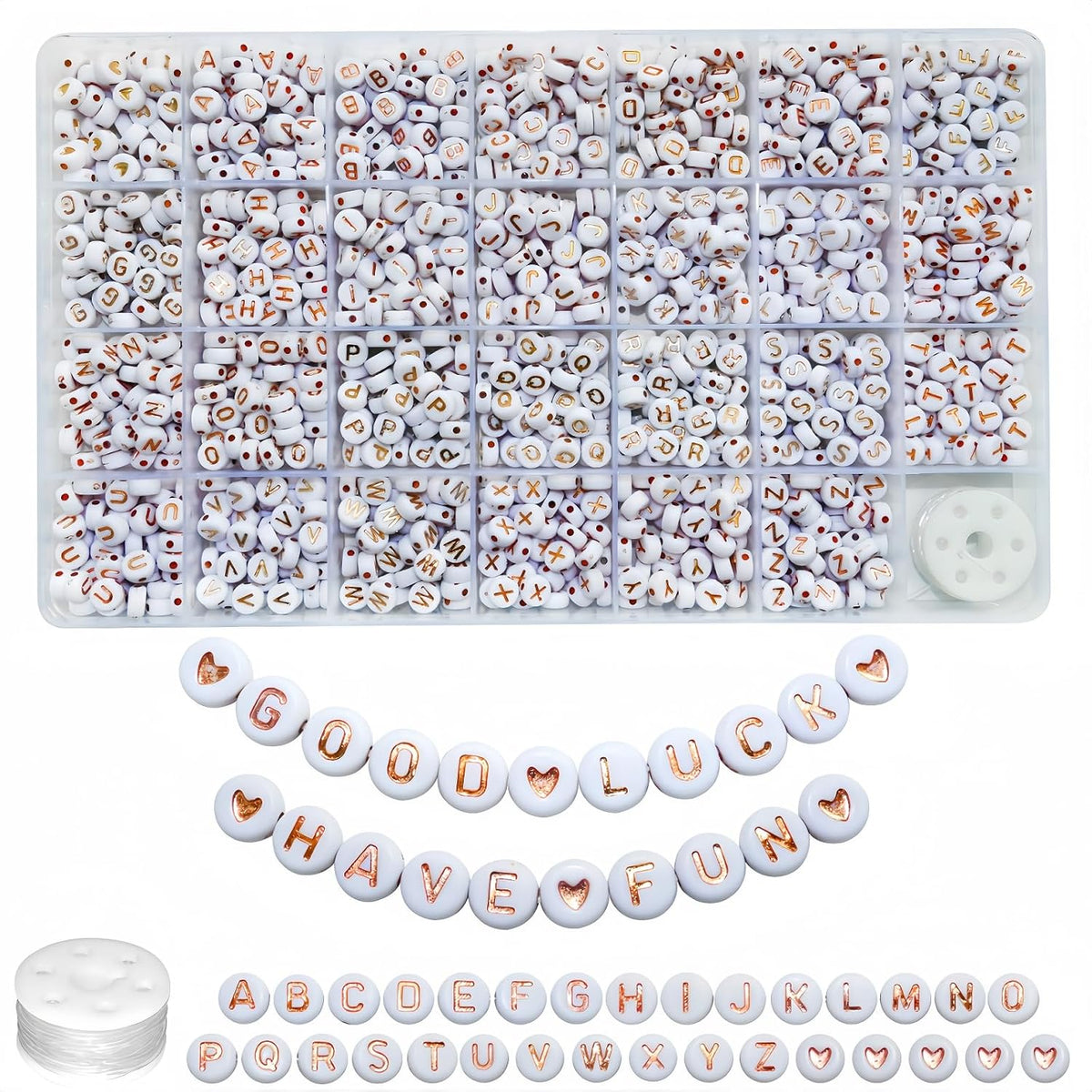 Looconi 1400pcs Rose Gold Letter Beads 4x7mm White Round Acrylic Alphabet A-Z Heart Pattern Beads and Crystal Line for Jewelry Making Bracelets Necklaces Key Chains