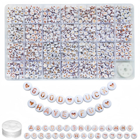 Looconi 1400pcs Rose Gold Letter Beads 4x7mm White Round Acrylic Alphabet A-Z Heart Pattern Beads and Crystal Line for Jewelry Making Bracelets Necklaces Key Chains