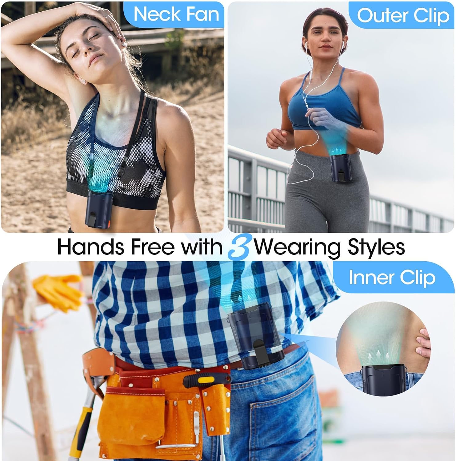 Heelkl 2026 AI Portable Fan Rechargeable, 4 Speeds Strong Airflow, Personal Waist Fan with up to 25H of Working Time, Hanging Neck Fan, Wearable Belt Fan for Camping, Outdoor, Jobsite - Blue