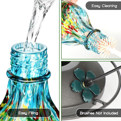 Hand Blown Glass Hummingbird Feeders for Outdoors Hanging, 24oz Wild Bird Nectar Feeder with Ant Moat and Perch, Bee-Resistant Ports, Garden Decor, Gifts for Women Mom, 1 Pack, Blue Phoenix