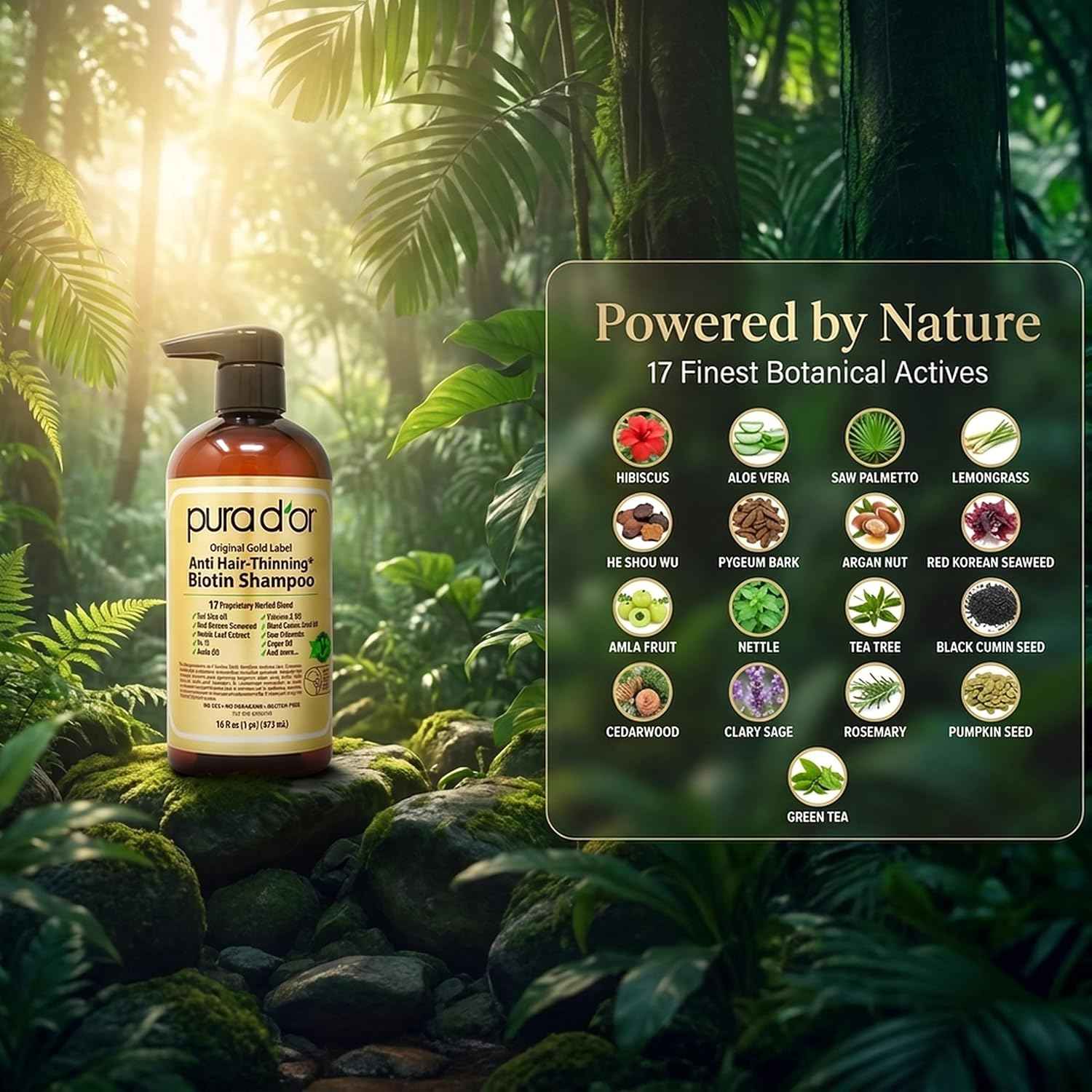 PURA D'OR Original Gold Label Anti-Hair Thinning Biotin Shampoo, 16oz | Fuller-Looking Volume, Clinically Tested, Saw Palmetto, Nettle, Aloe Vera Base, Men & Women, Sulfate-Free, Paraben-Free