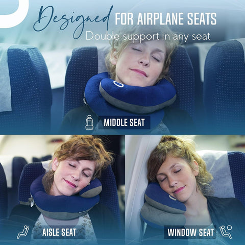 BCOZZY Organic Cotton Travel Neck Pillow for Airplane - Patented Double Support for Head, Neck & Chin. Soft, Adjustable for Comfortable Resting on Flights, Car Rides & Recliners. Washable, Large, Navy