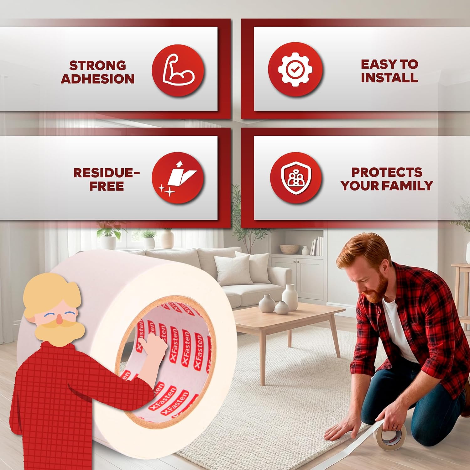 XFasten Double Sided Carpet Tape for Area Rugs 2 Inch x 90 Ft No Residue