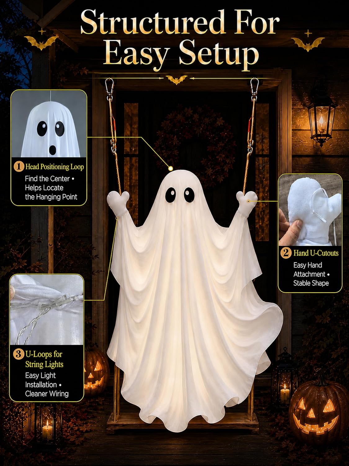 HOPOCO Halloween Swinging Ghost Outdoor Decor, Hanging Ghost with Light
