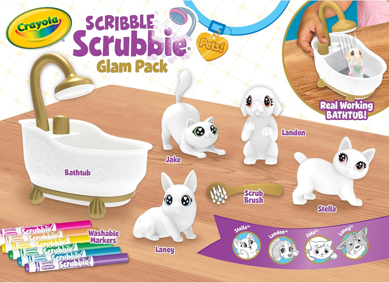 Crayola Scribble Scrubbies Glam Pack (4 Pets), Washable Pet Care Toy & Coloring Animal Craft Kit, Gift for Kids, Playset for Girls & Boys, Ages 3+