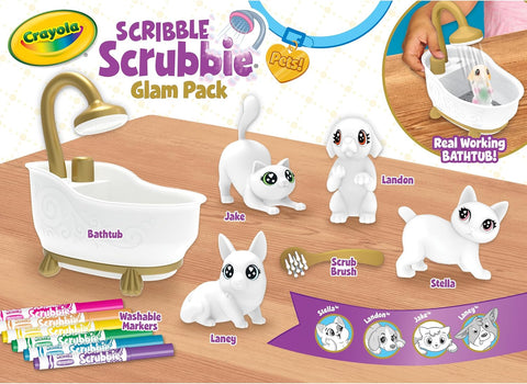 Crayola Scribble Scrubbies Glam Pack (4 Pets), Washable Pet Care Toy & Coloring Animal Craft Kit, Gift for Kids, Playset for Girls & Boys, Ages 3+