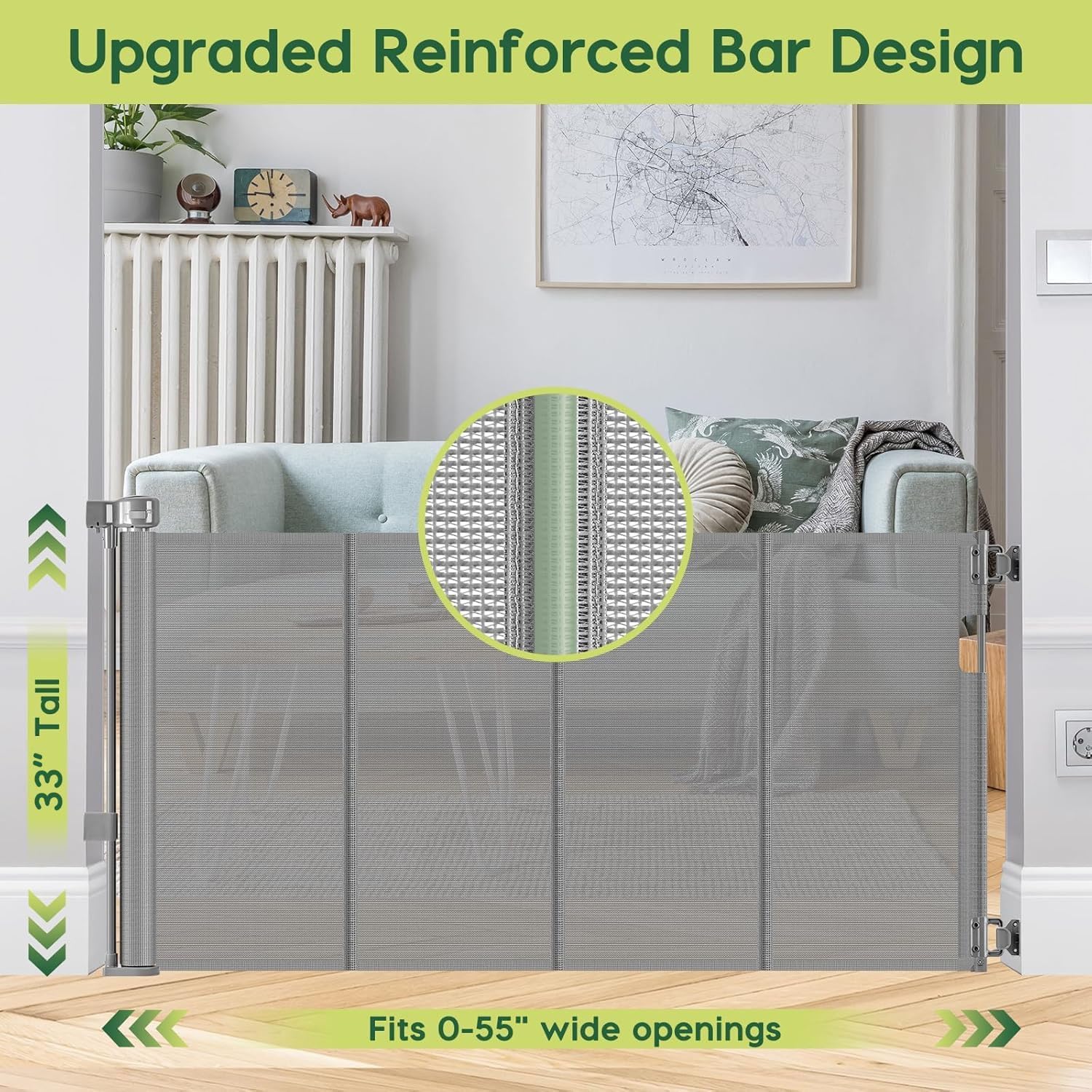 2 Pack Reinforced 55" Wide Retractable Dog Gate with Support Rods, 33" Tall Retractable Baby Gate for Dogs, No Sag and Wrinkle Mesh Child Gates for Doorways, Indoor Pet Barrier Stair Gates for Kids