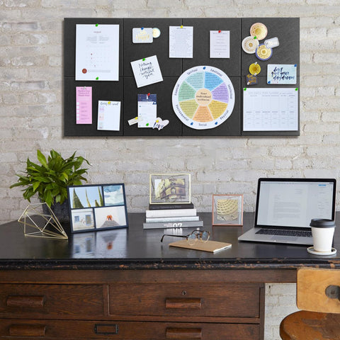 CAMXTOOL Large Cork Board Wall, 47"x35" 12 Pack Bulletin Boards Felt Wall Tiles with Self-Adhesive, Black Vision Board Alternative Pin Board with Push Pins for Office Home Decro