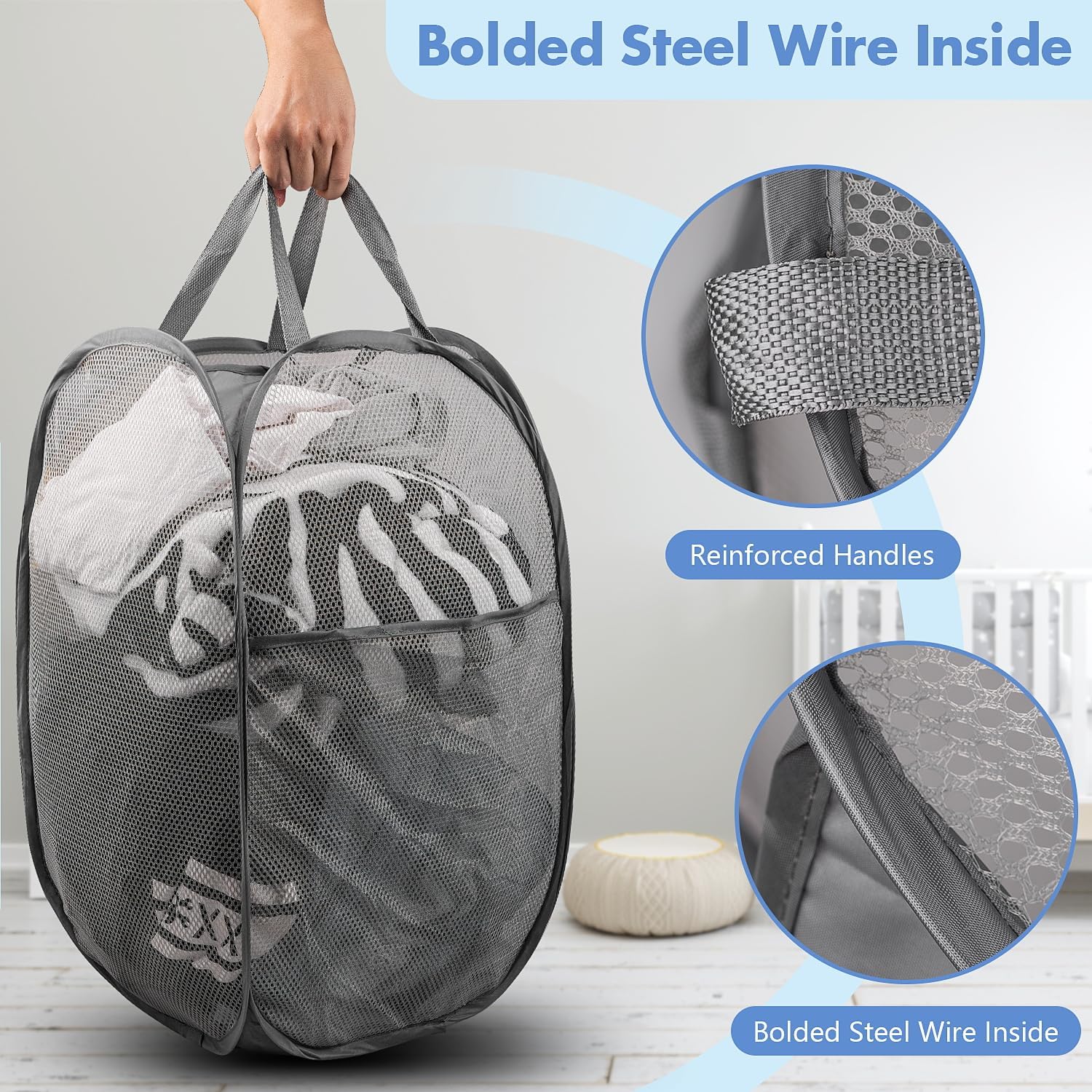 2 Pack Pop Up Laundry Hampers, 70 L Collapsible Foldable Mesh Basket, Gray