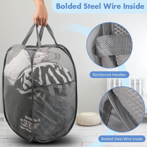 2 Pack Pop Up Laundry Hampers, 70 L Collapsible Foldable Mesh Basket, Gray