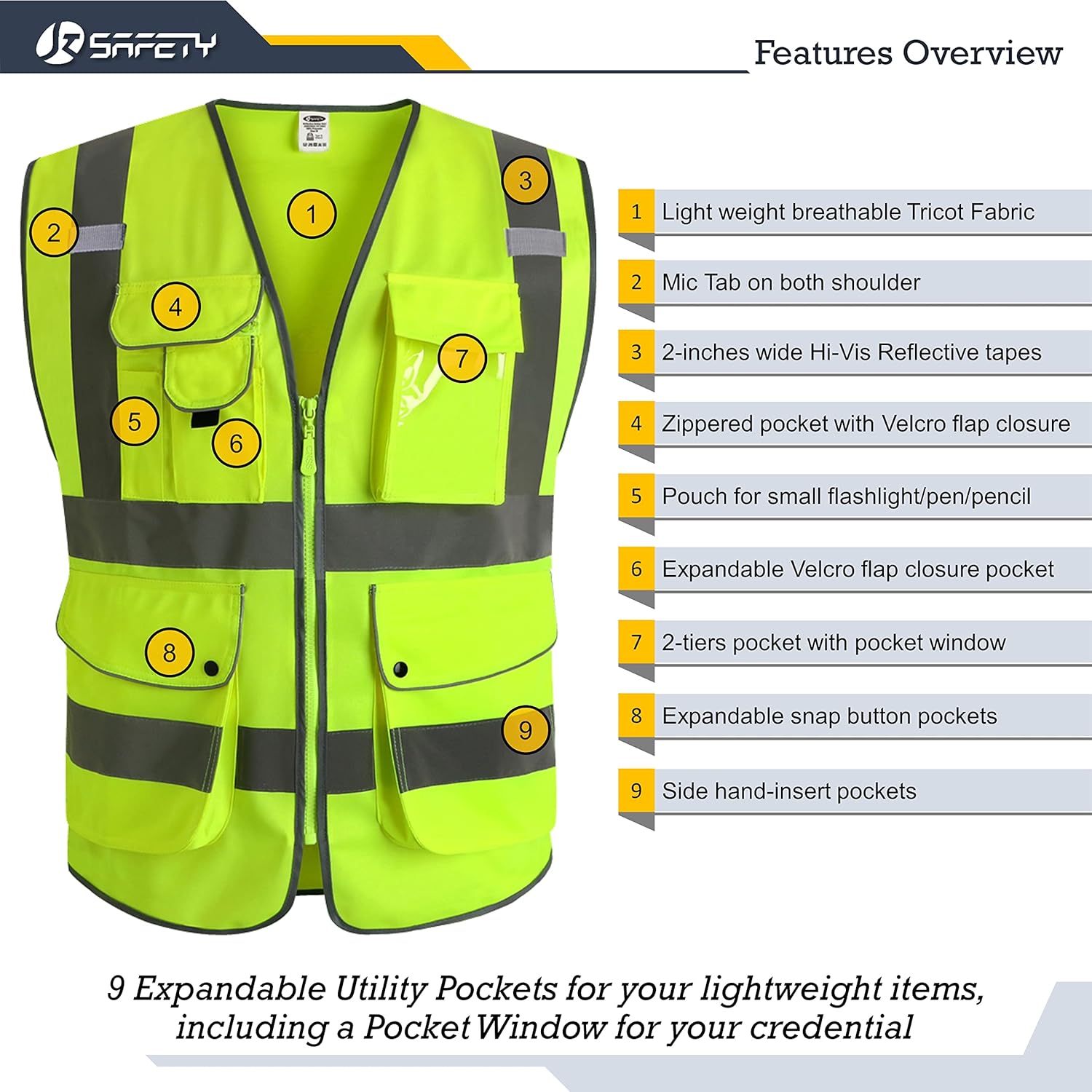 JKSafety 9 Pockets Class 2 High Visibility Zipper Front 6 Pack Safety Vest With Reflective Strips,Meets ANSI/ISEA Standard （155 Yellow M