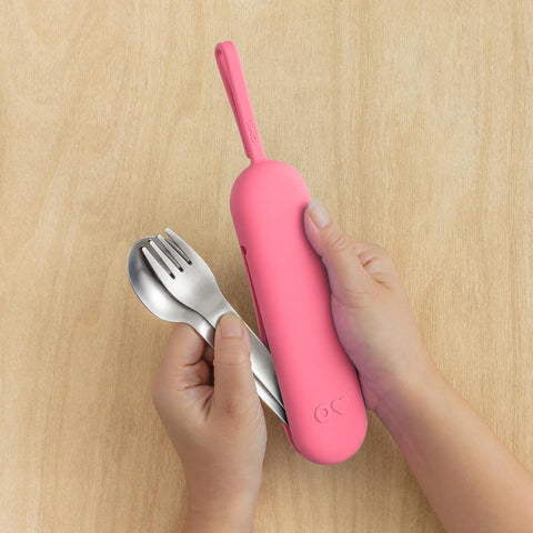 Omie OmieBox Travel Fork & Spoon Set with Case, Pink
