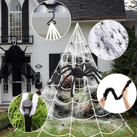 Spider Web Halloween Decorations Outdoor Lights, 125 Purple LED Light Up 16.4Ft Giant Spiderweb & 60" Large Spider & 22 Small Spiders & 20g Stretch Cobweb, 8 Modes Lighted Decor for Yard Outside