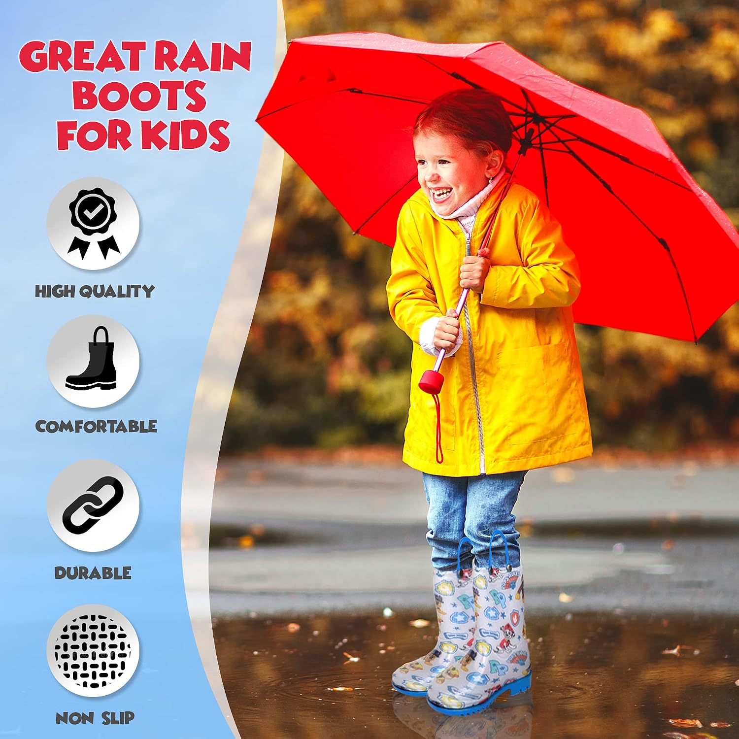 Nickelodeon Paw Patrol boys Character Printed Waterproof Easy-On Handles PVC Rain Boots