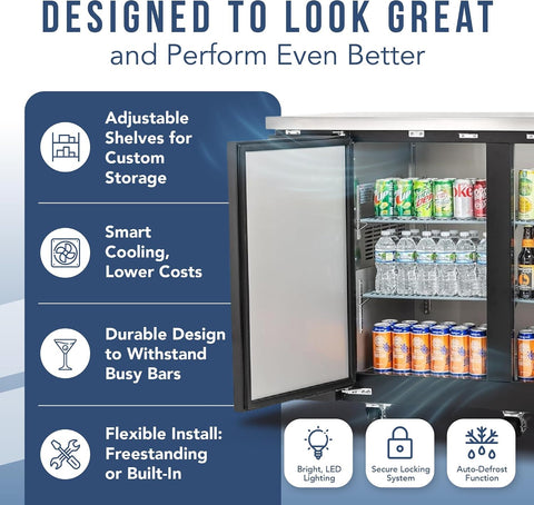 PEAKCOLD 73" 3-Door Commercial Back Bar Cooler, Solid Black Beer Fridge