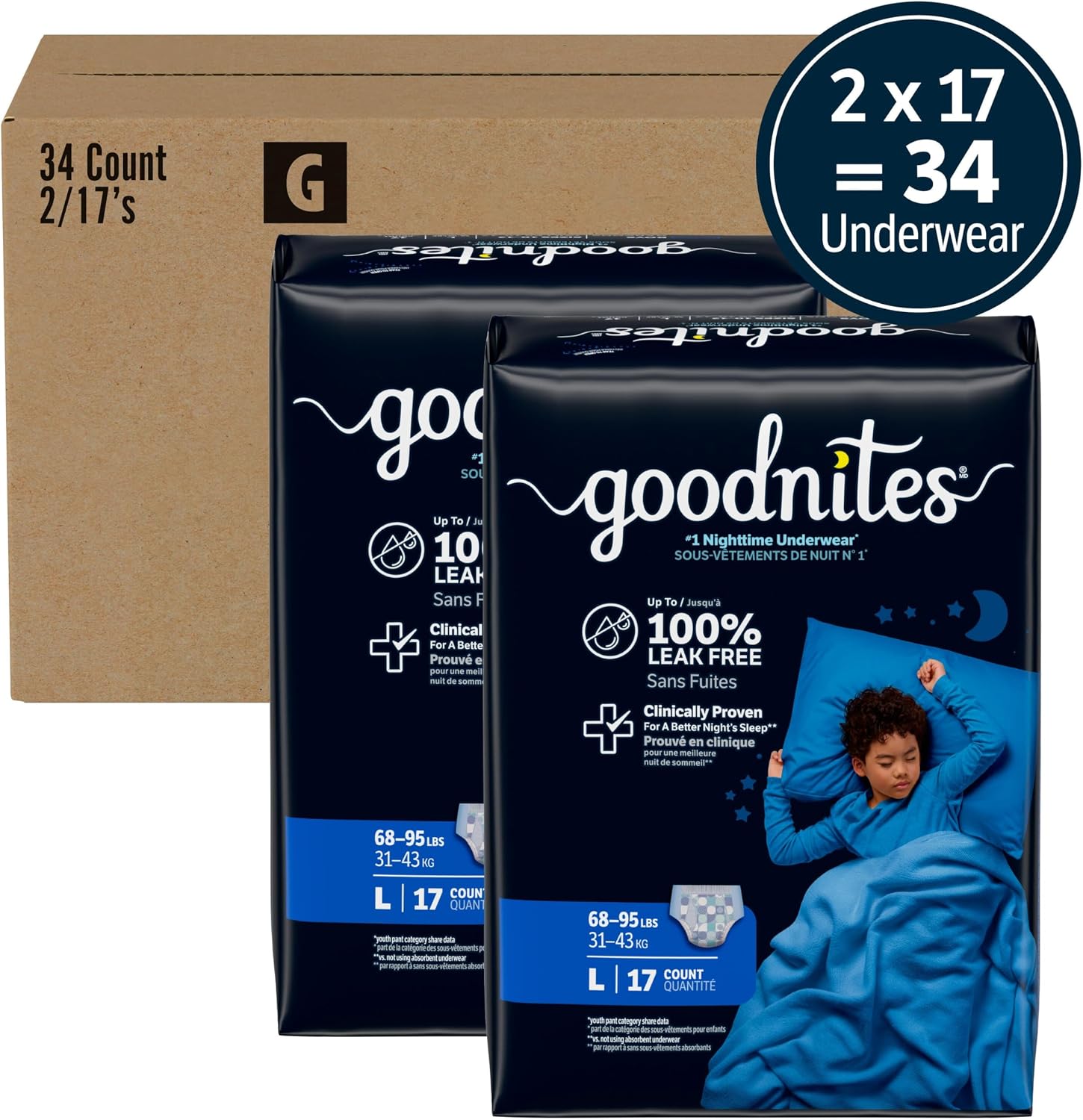 GoodNites Boys Nighttime Underwear, Size Large, 34 Ct, 2 Packs of 17