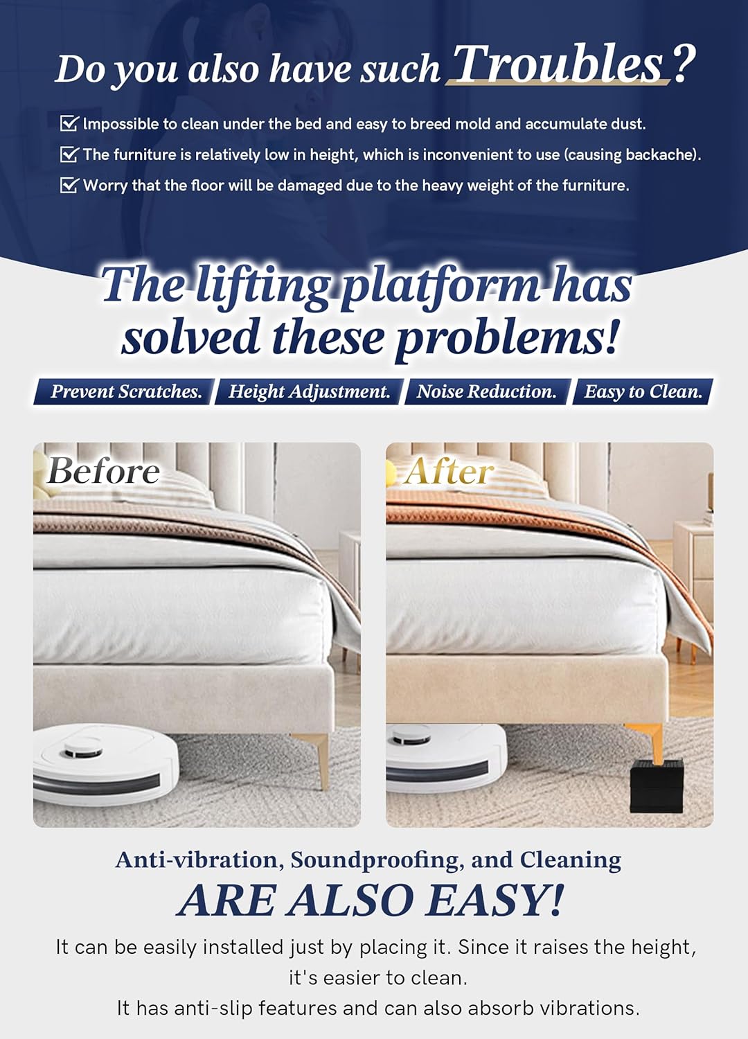 EclatBain Rectangular Adjustable Bed Risers 1.5 Inch, 4000 lbs, 4 Pack