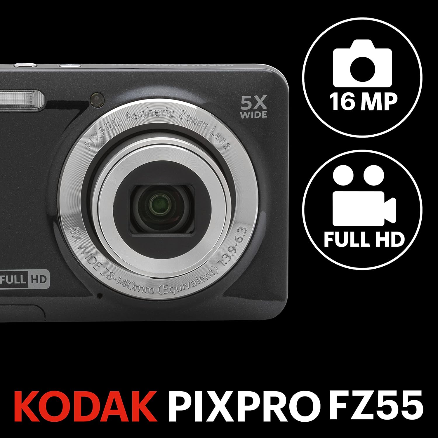 KODAK PIXPRO FZ55 16MP Compact Digital Camera, 5X Optical Zoom, Black