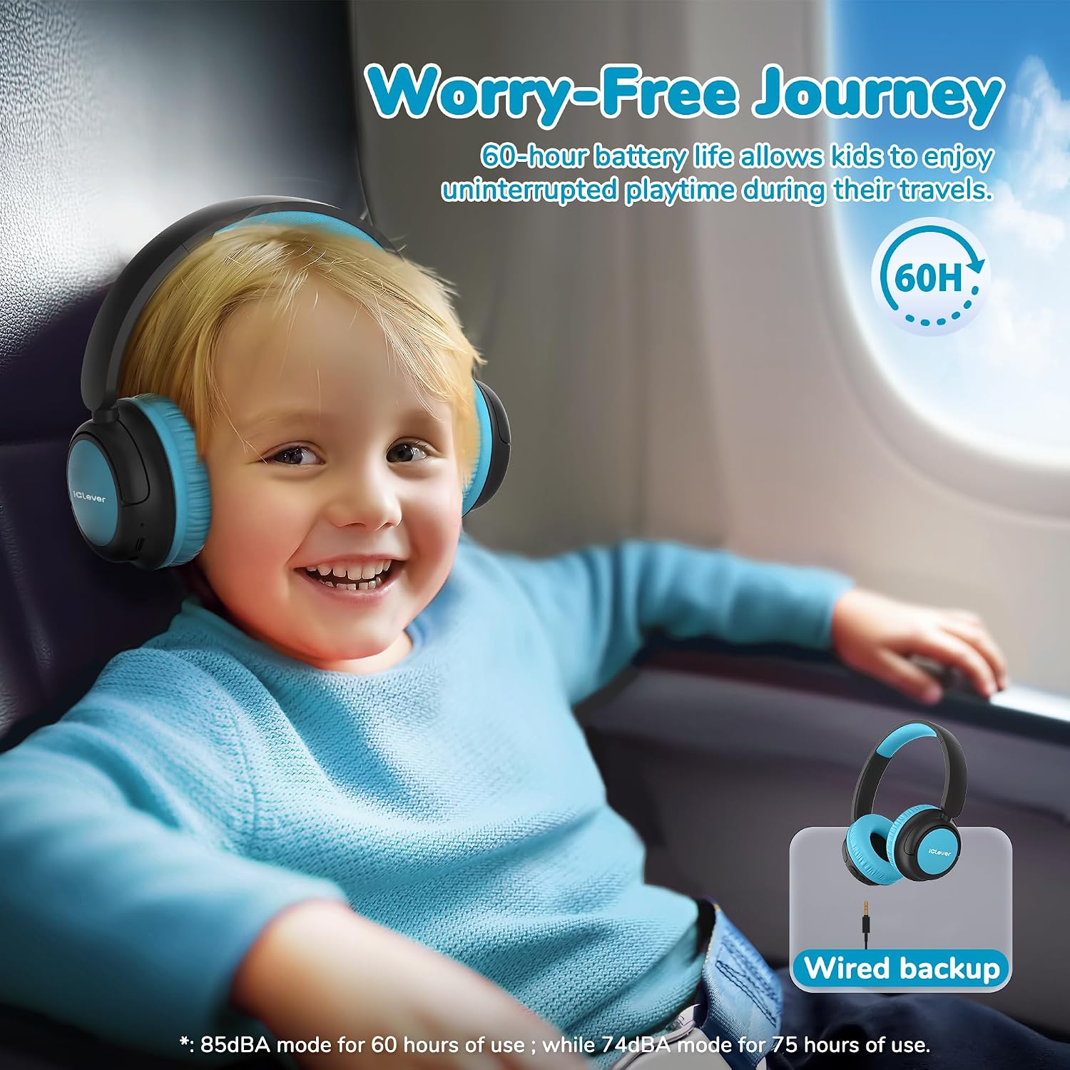 iClever BTH22 Kids Bluetooth Headphones for Toddler Travel, 60H Play Time