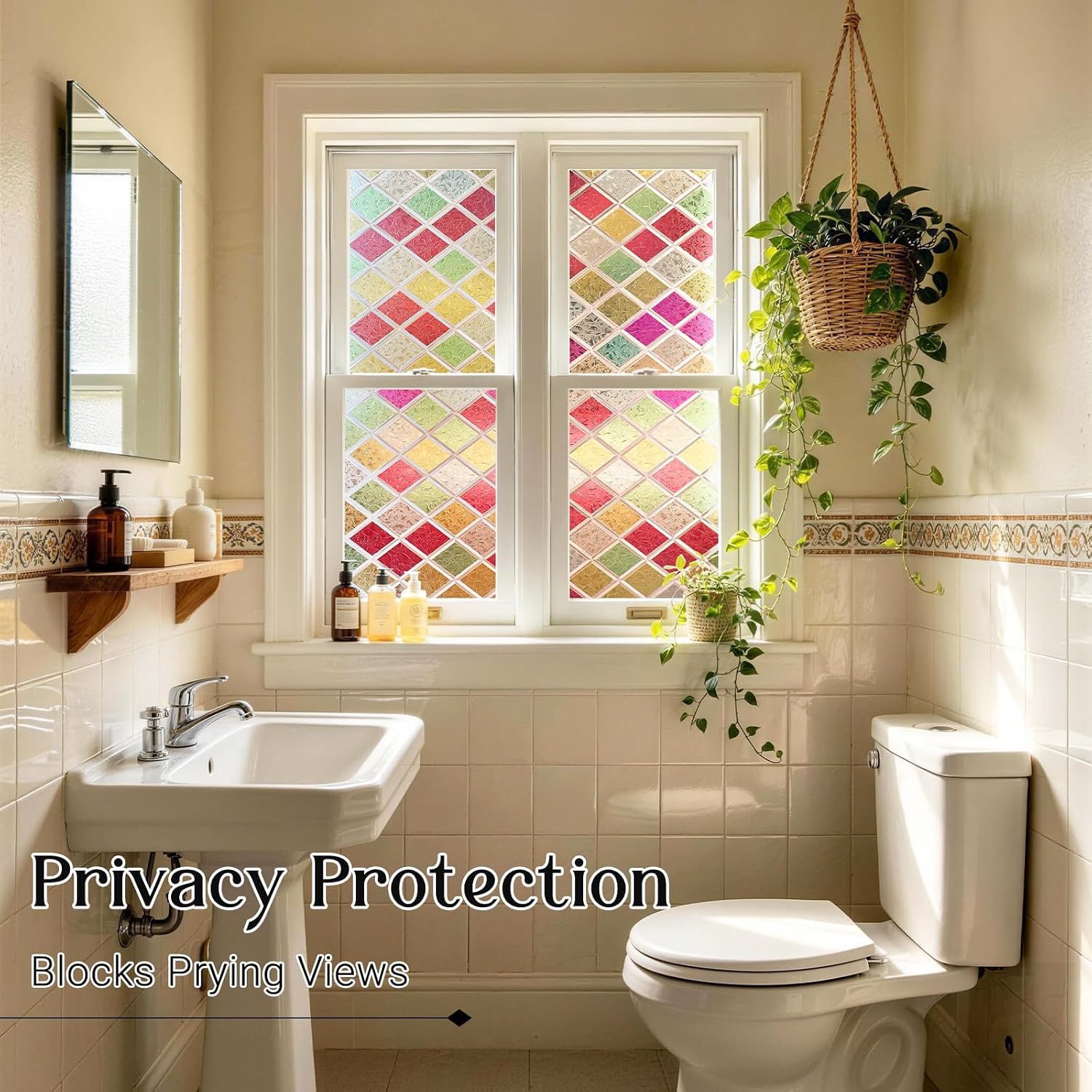 Haton Stained Glass Window Privacy Film, Colorful Diamond Lattice