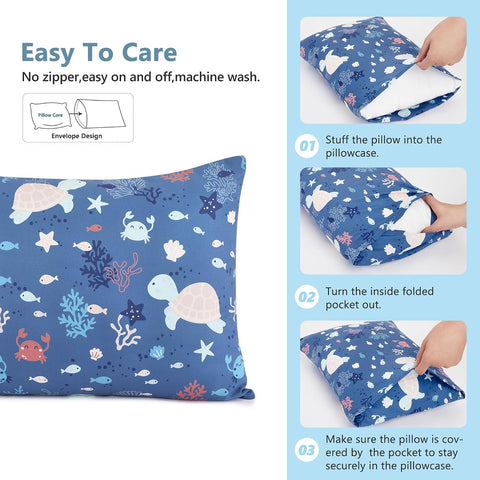 TILLYOU Toddler Pillowcase 2 Pack with Envelope Closure,13" x 18" Silky Soft Microfiber Travel Kids Pillowcase for Boys and Girls, Beach Time Turtle&Manta Ray