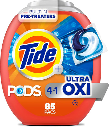 Tide 4-in-1 Ultra Oxi PODS Laundry Detergent Pacs, 85 Count, HE Compatible, Built in Pre-treater for Stains