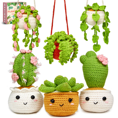 MAGIMUSE Crochet Kit for Beginners, Crochet Starter Kits for Adults Amigurumi Craft Knitting Crochet Kits with Step-by-Step Video Tutorials, 6 Pack Hanging Potted Plants Family(40%+ Yarn