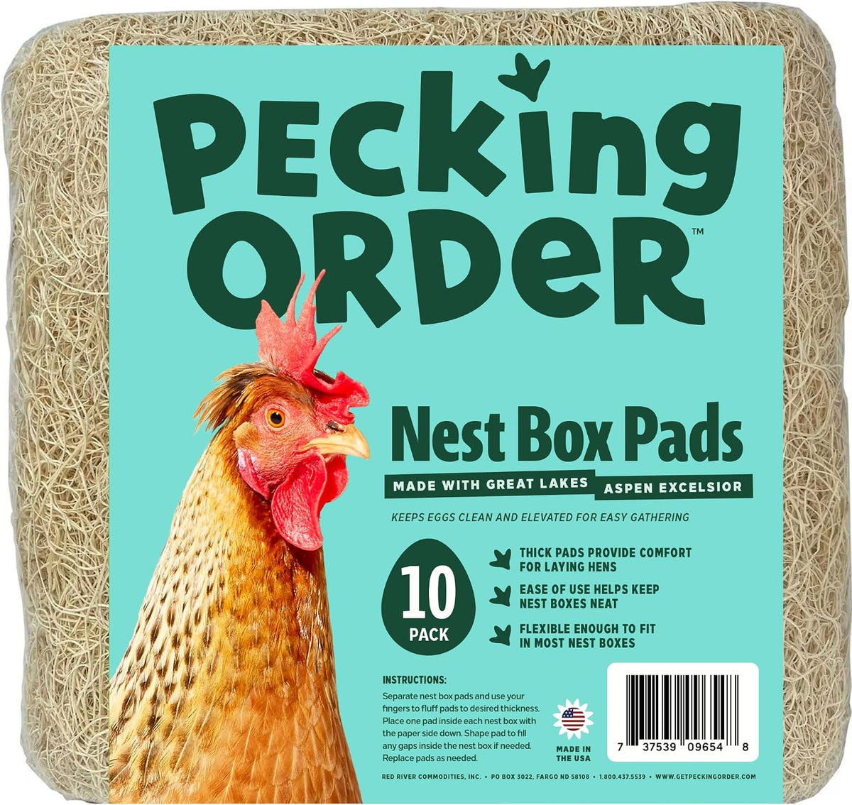 Pecking Order Nest Box Pads for Chicken Nesting Boxes - 13 x 13 Pads Made in USA from Sustainably Sourced Aspen Excelsior (10 Pack)