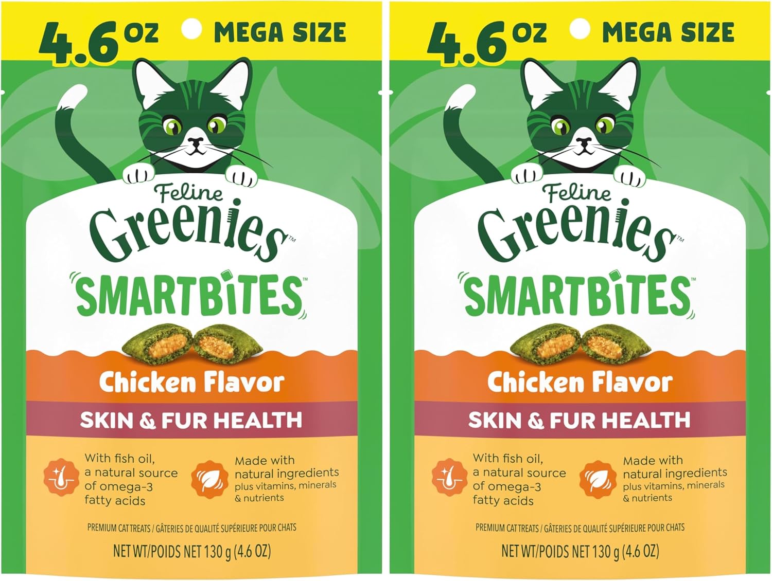 Greenies Feline Smartbites Skin & Fur Crunchy and Soft Natural Cat Treats, Chicken Flavor, 4.6 oz. Pack (Pack of 2)