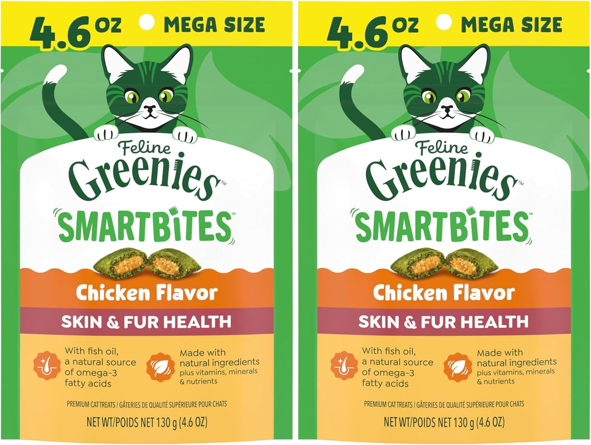 Greenies Feline Smartbites Skin & Fur Crunchy and Soft Natural Cat Treats, Chicken Flavor, 4.6 oz. Pack (Pack of 2)
