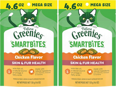 Greenies Feline Smartbites Skin & Fur Crunchy and Soft Natural Cat Treats, Chicken Flavor, 4.6 oz. Pack (Pack of 2)