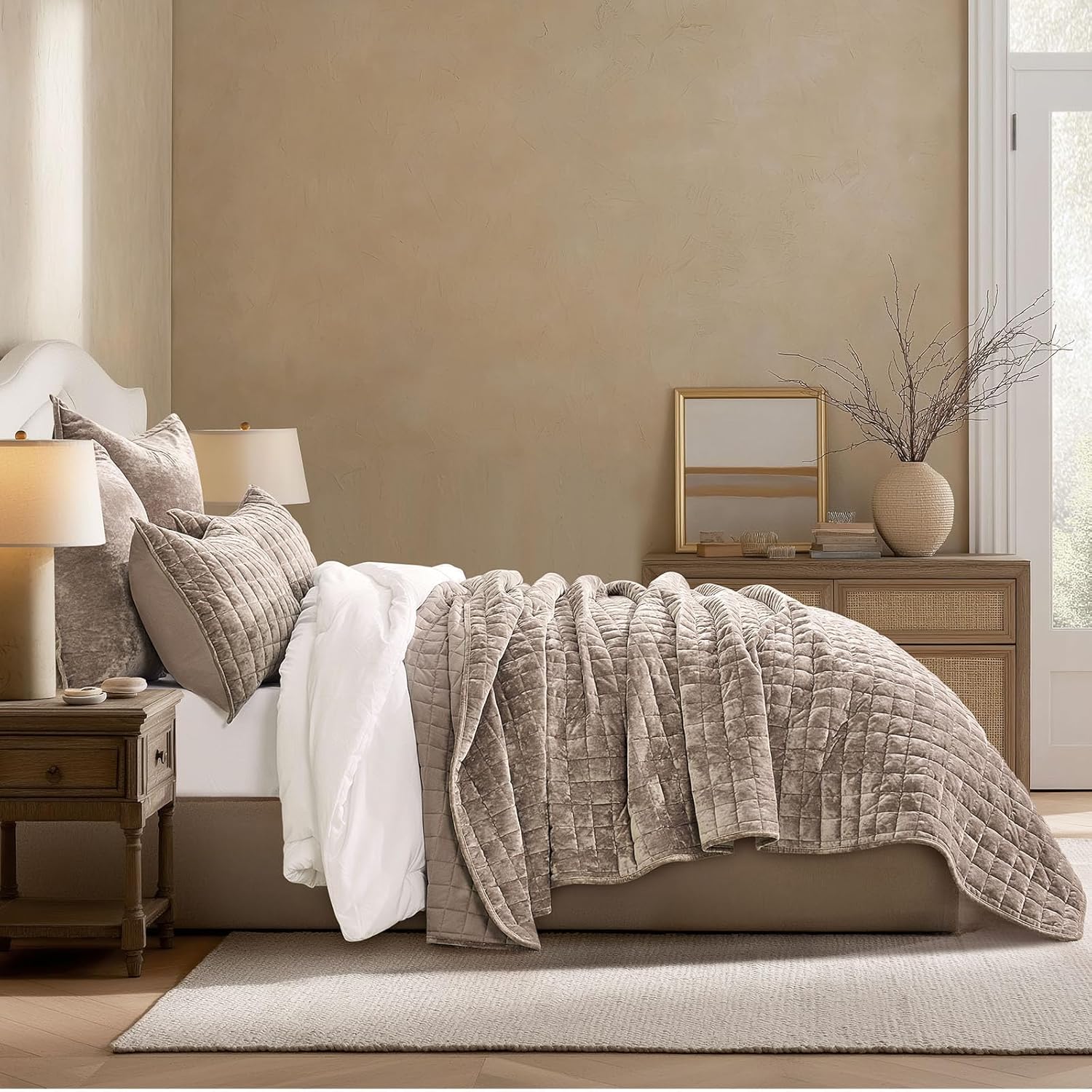 RECYCO Channel Box Stitch Velvet Quilt Set, King Size, Natural Tan