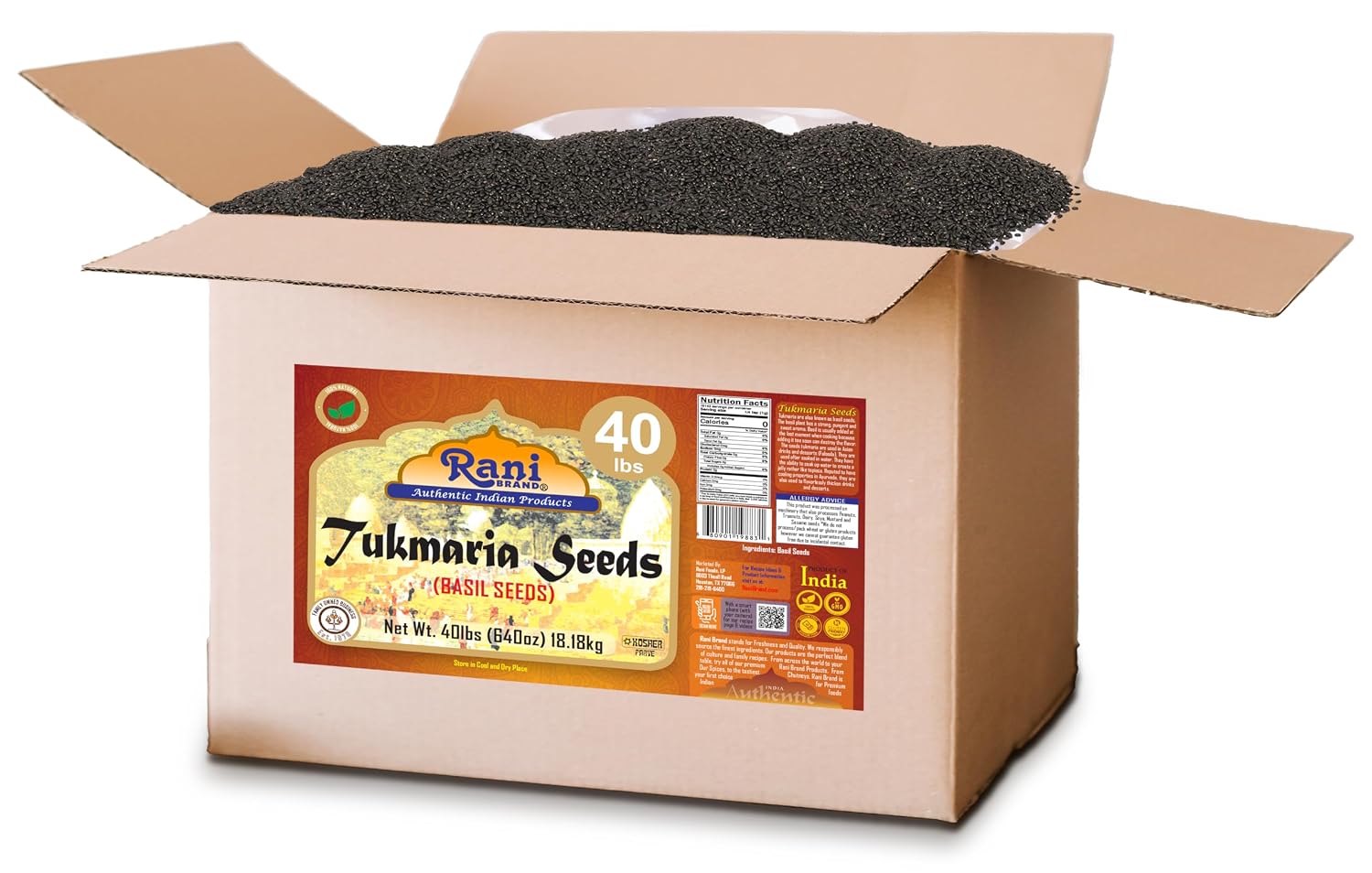 Rani Tukmaria (Holy Basil Seeds) 640oz (40lbs) 18.14kg Used for Falooda / Sabja Dessert, Spice & Ayurveda Herbal ~ All Natural | Gluten Friendly | NON-GMO | Kosher | Vegan | Indian Origin