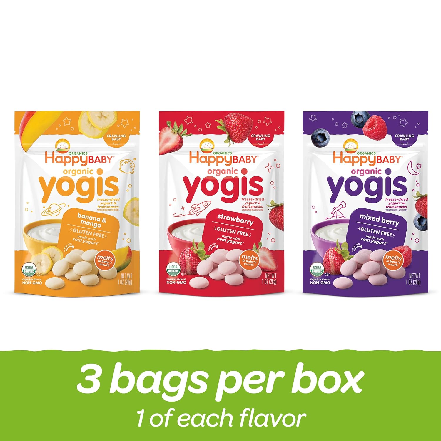 Organic Baby Food Happy Yogis Yogurt Snacks-Banana Mango, Mixed Berry, and Strawberry- 1 oz Packs, 3-Count