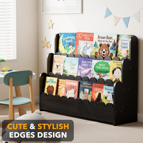 SpaceAid 3-Tier Scalloped Bookshelf, Montessori Bookcase for Toddlers, Wooden Book Shelf Organizer Display Furniture for Kids Rooms, Playroom, Nursery and Classroom, 36.7“ Wide, Black